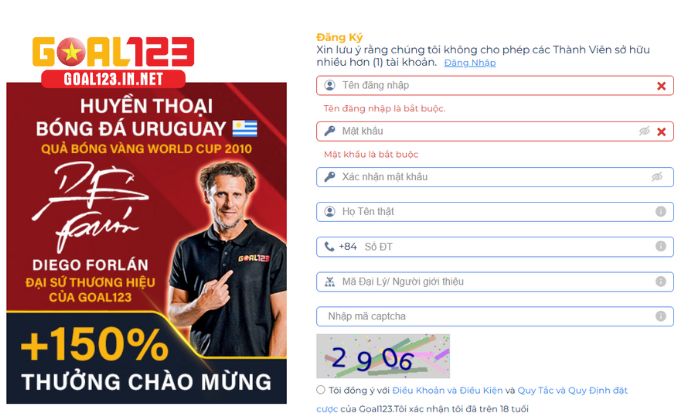 Đăng ký goal123 2 Người chơi nhập đầy đủ thông tin được yêu cầu